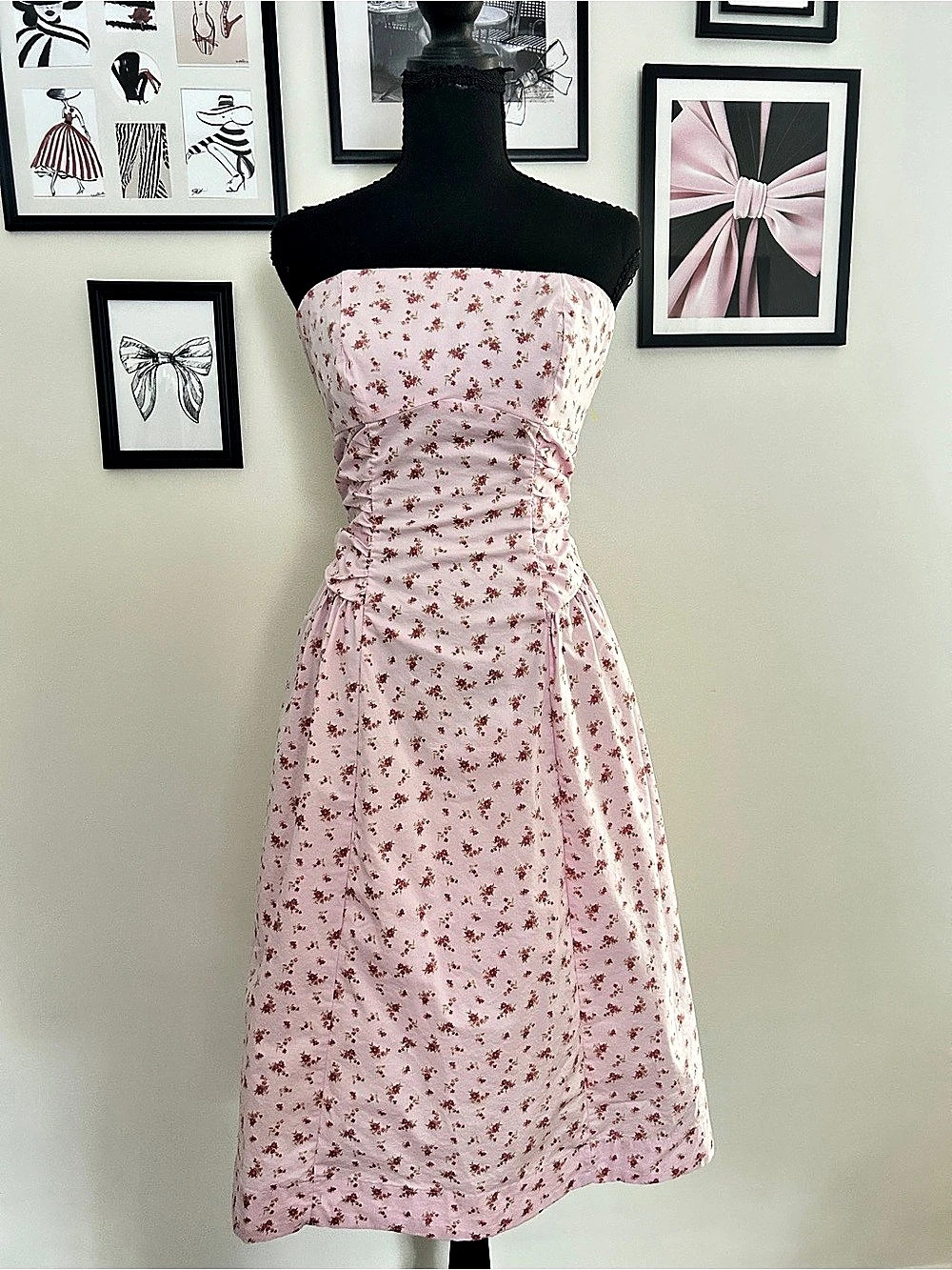 Floral Strapless Midi Dress in Pink